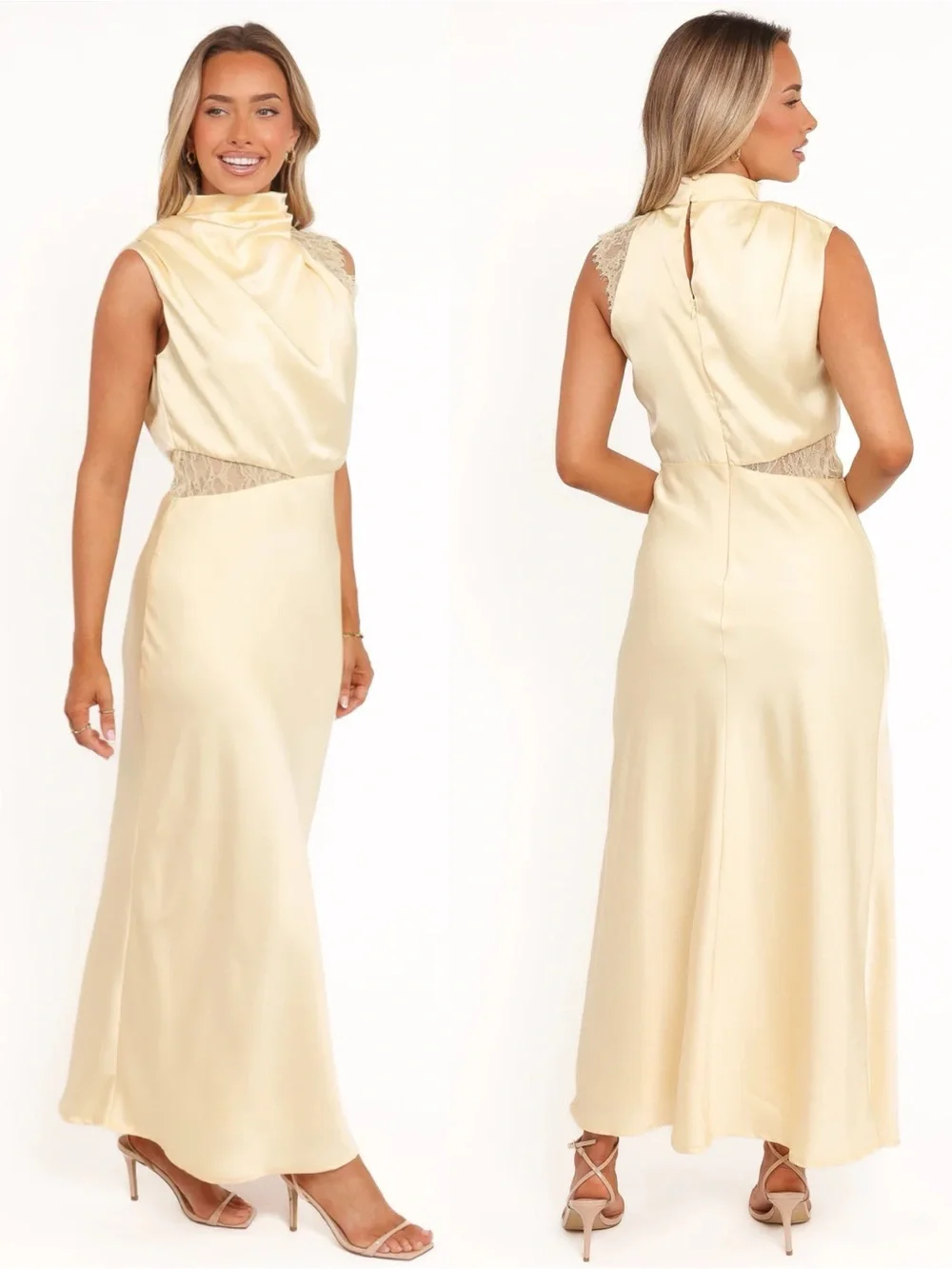 Petal & Pup Yellow Satin Asymmetric  Lace Sleeve Midi Cowl Neck Dress